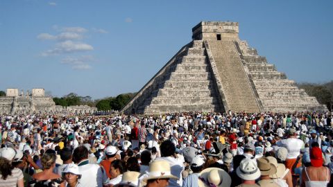 Thousands surround the Kukulkan pyramid at the Chichen Itza archaeological site during the celebration of the spring equinox.