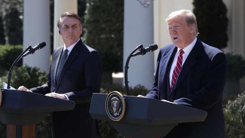 WASHINGTON, DC - MARCH 19: U.S. President Donald Trump and Brazilian President Jair Bolsonaro participate in a joint news conference at the Rose Garden of the White House March 19, 2019 in Washington, DC. President Trump is hosting President Bolsonaro for a visit and bilateral talks at the White House today.  (Photo by Alex Wong/Getty Images)