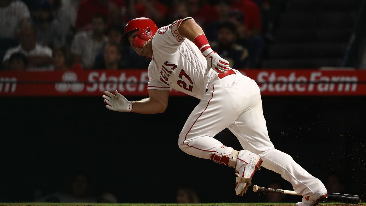 Mike Trout of the Los Angeles Angels in action against the Oakland Athletics in 2018.