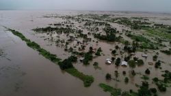 This photo issued Tuesday March 19, 2019, taken within last week and supplied by World Food Programme,  flood waters cover large tracts of land in Nicoadala, Zambezia Province of Mozambique. Rapidly rising floodwaters have created "an inland ocean" in the country endangering many thousands of families, as aid organizations scramble to rescue and provide food to survivors of Cyclone Idai. (Photo World Food Programme via AP)