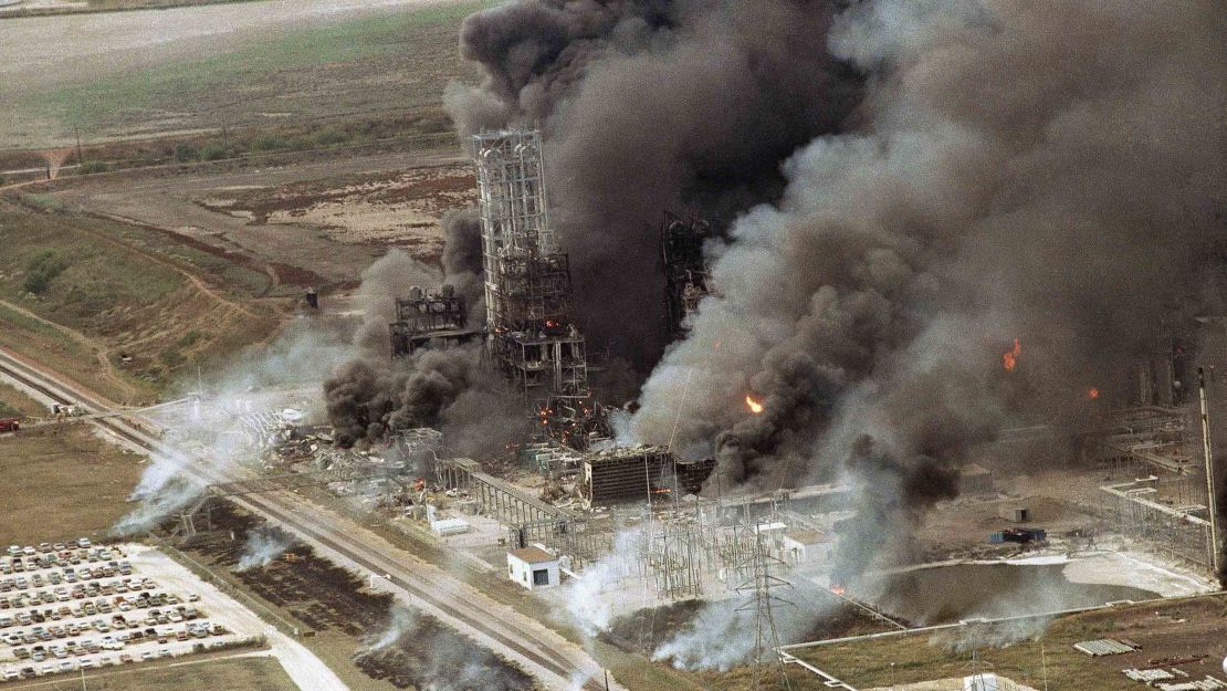 The Phillips chemical plant in Pasadena, Texas on fire, Monday, Oct. 23, 1989 after explosions ripped through it.