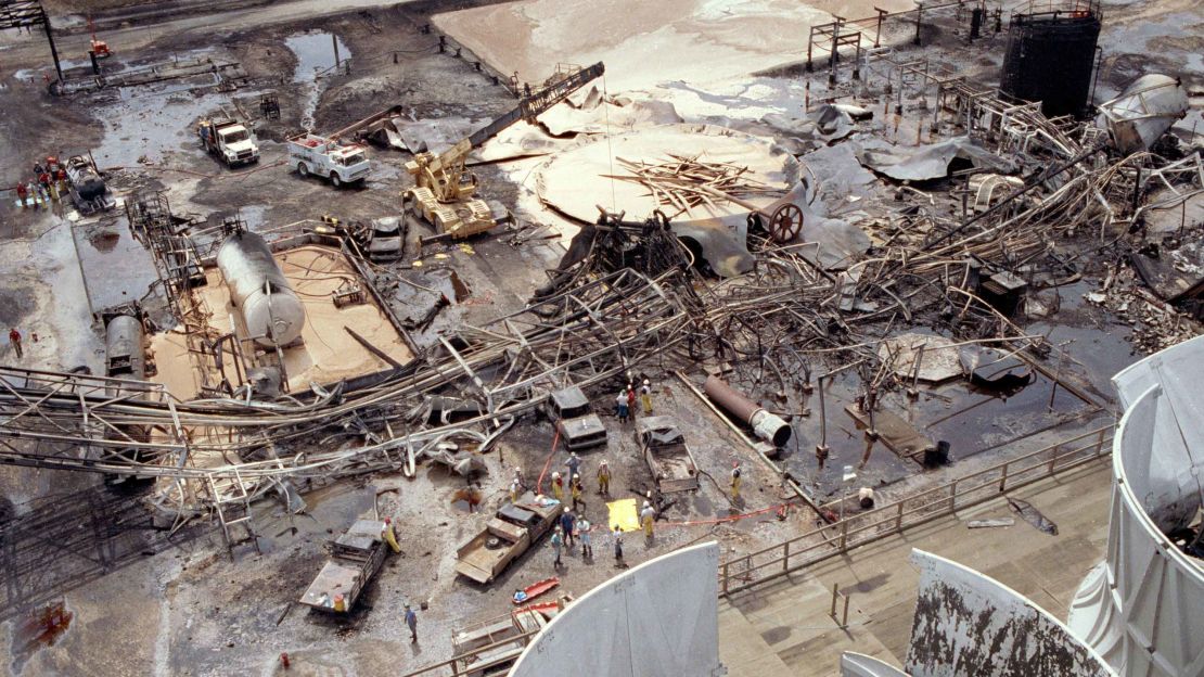 Aerial view of the ARCO chemical plant explosion in Channelview, where 17 people were killed.