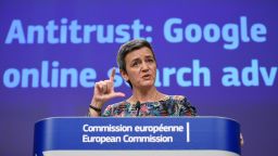 EU Commissioner of Competition Margrethe Vestager gives a joint press on Antitrust : Google online search advertising at the EU headquarters in Brussels on March 20, 2019. - The EU's powerful anti-trust regulator slapped tech giant Google with a new fine on March 20, 2019 over unfair competition, in Europe's latest salvo against Silicon Valley. (Photo by JOHN THYS / AFP)        (Photo credit should read JOHN THYS/AFP/Getty Images)