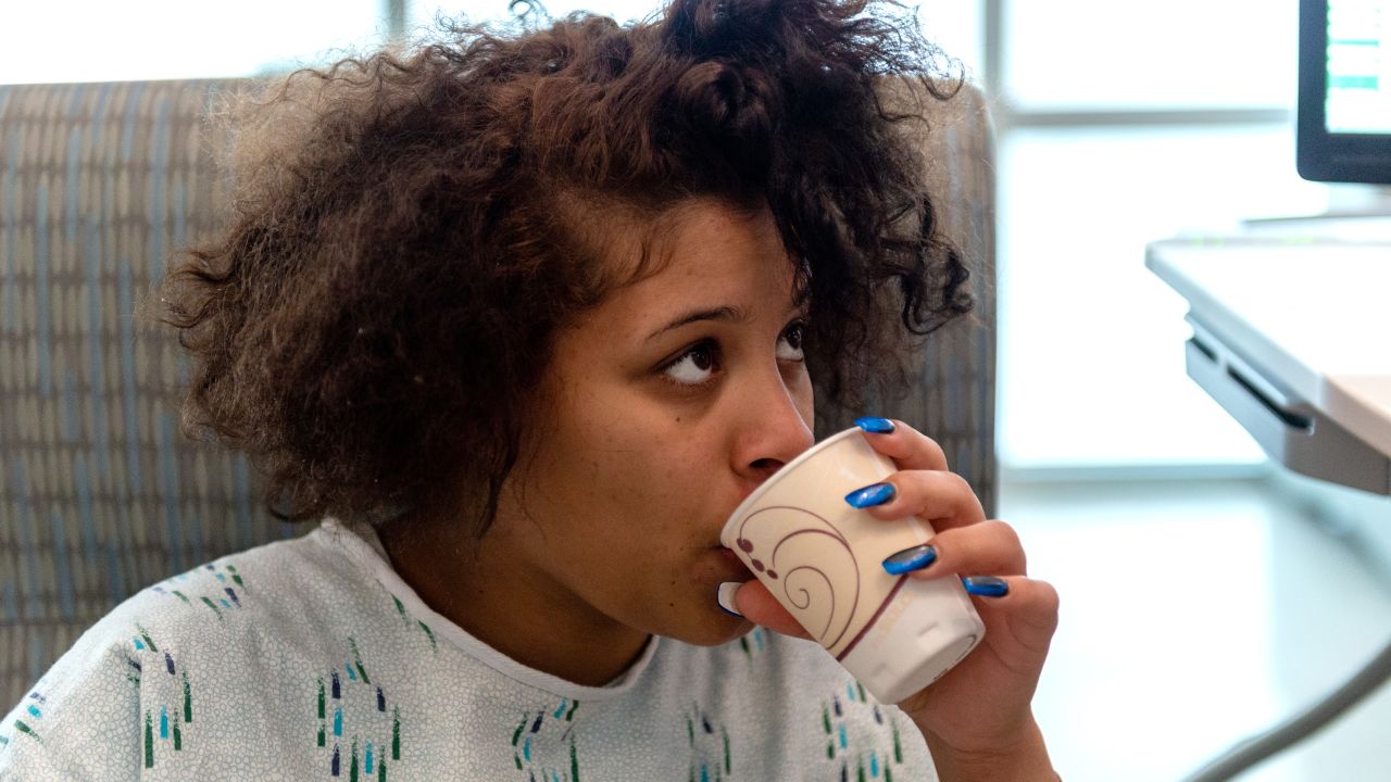 Chantelle Unique takes her medication during her stay at a special psychiatric emergency facility at Providence Little Company of Mary Medical Center San Pedro.