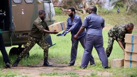 South Africa National Defense Forces personnel deliver relief aid in Buzi on March 20.