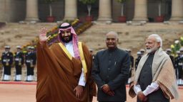 Saudi Crown Prince Mohammed bin Salman (L) waves while posing for media with Indian President Ram Nath Kovind (C) and Indian Prime Minister Narendra Modi during ceremonial reception at Presidential palace in New Delhi on February 20, 2019. PRAKASH SINGH/AFP/Getty Images