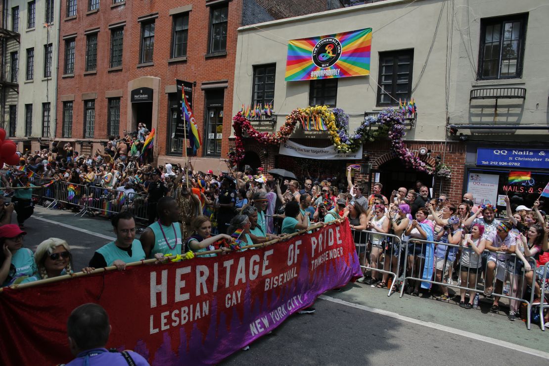 New York's annual Pride Parade makes its way past the the Stonewall Inn, wihich was the site of the Stonewall riots of 1969.