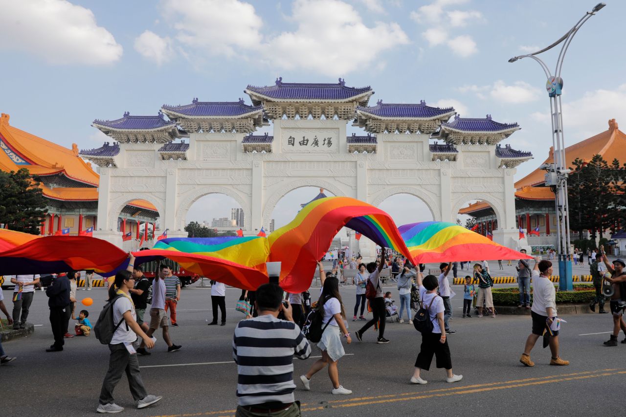 <strong>Taipei, Taiwan.</strong> One of the largest Pride events in Asia, Taipei's parade went past the Chiang Kai-shek Memorial Hall in October 2018.