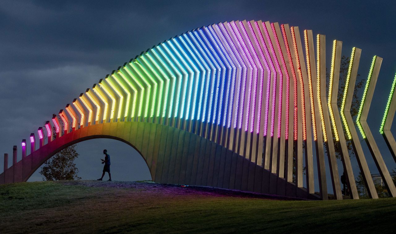 <strong>Ottawa, Canada</strong><strong>. </strong>Moving Surfaces, a giant steel and light sculpture at Ottawa's Lansdowne Park, is lit up in the colors of the rainbow during Pride Week in August 2018. 