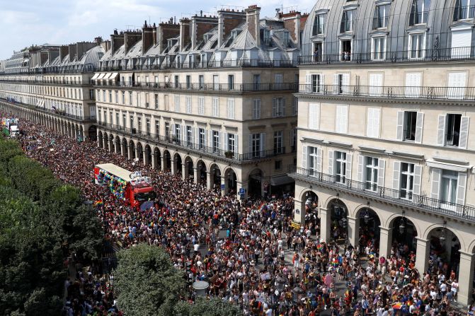 <strong>Paris, France. </strong>People fill the streets during the June 2018 Pride parade in Paris.