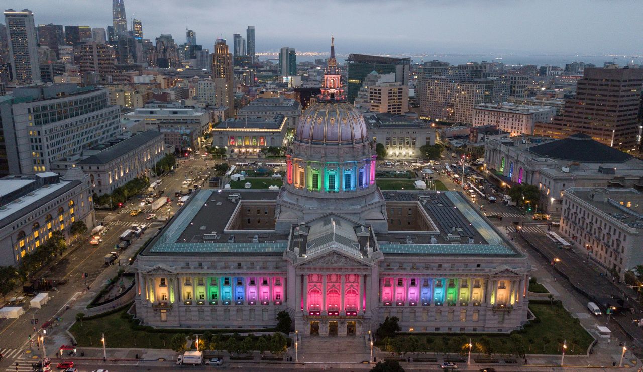 <strong>San Francisco, California.</strong> San Francisco City Hall is lit up in rainbow colors after the Pride Parade in San Francisco in June 2018.  