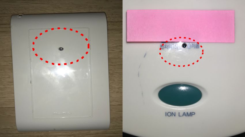 Cameras found by police hidden inside a hotel wall outlet (left) and hair dryer stand (right).