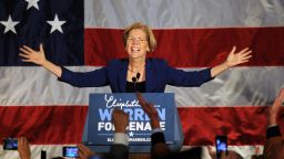 Elizabeth Warren takes the stage for her acceptance after beating incumbent U.S. Senator Scott Bown at the Copley Fairmont November 6, 2012 Boston, Massachusetts. The campaign was highly contested and closely watched and went down to the wire.