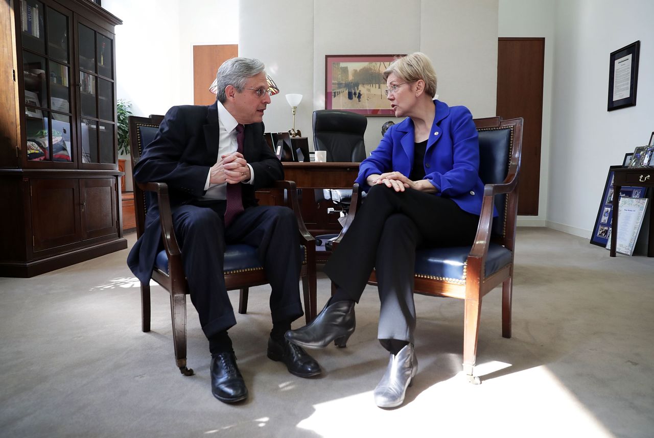 Warren meets with Supreme Court nominee Merrick Garland in April 2016.