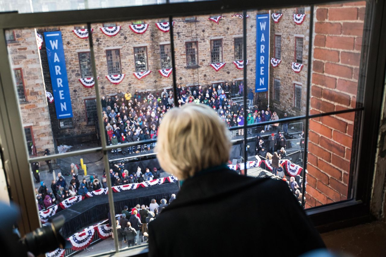 Warren looks down at the crowd in Lawrence, Massachusetts, before formally announcing her presidential bid in February 2019.