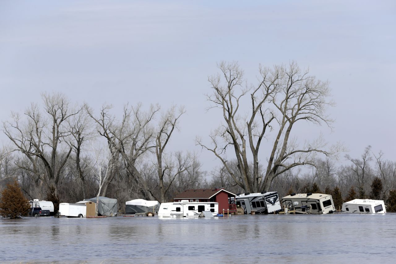 Flooded RV's, washed away by the floodwaters of the Platte River, are seen in Merritt's RV Park in Plattsmouth, Nebraska, on Sunday, March 17.
