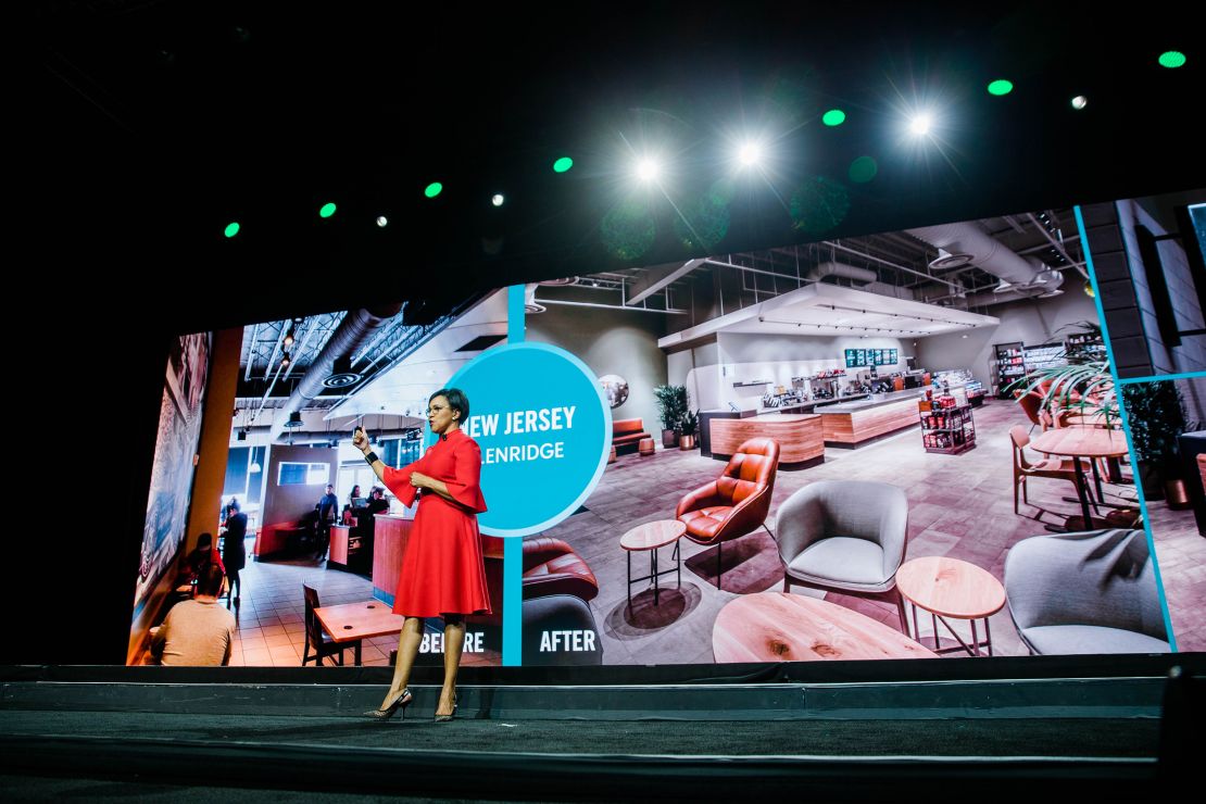 Roz Brewer, Starbucks chief operating officer discusses new store designs at the Starbucks Annual Meeting of Shareholders in Seattle.