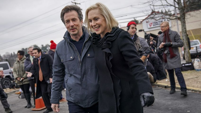 TROY, NY - JANUARY 16: Sen. Kirsten Gillibrand (D-NY) and her husband Jonathan Gillibrand walk together after a media availability announcing she will run for president in 2020 outside the Country View Diner, January 16, 2019 in Troy, New York. Last night on The Late Show, Gillibrand told host Stephen Colbert that she has formed an exploratory committee for her White House run. (Photo by Drew Angerer/Getty Images)