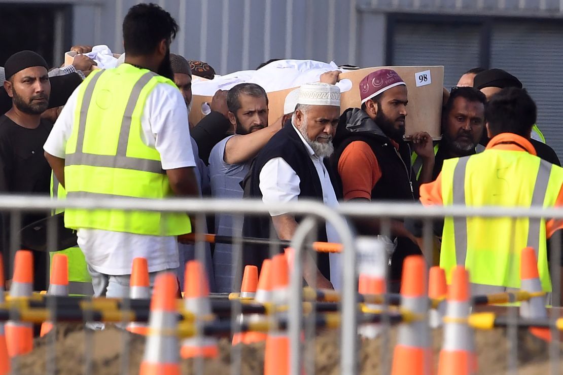 Mourners attend a funeral for victims of the twin mosque attacks at the Memorial Park cemetery in Christchurch on March 20, 2019. 