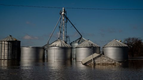 Grain silos destroyed by the flooding in Hamburg, Iowa, on Wednesday.