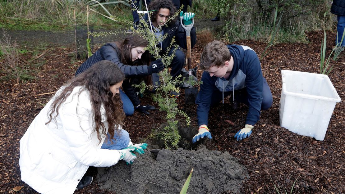 Students from Marjory Stoneman Douglas High School plant trees in honor of their fallen classmates at Halswell Quarry Park Conservation Area in Christchurch, New Zealand, on July 24, 2018. 