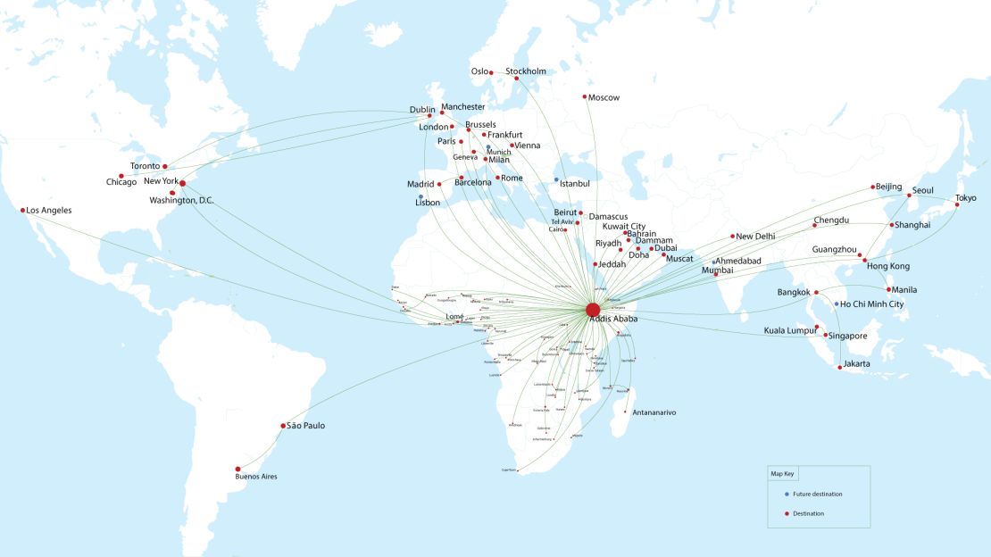 Ethiopian Airlines' flight network. <a href="https://www.ethiopianairlines.com/Cms_Data/Contents/EthiopianAirlines/Media/FlyEthiopian/Routenetwork/1920-x-1080-web-map-1218.jpg" target="_blank" target="blank">Expand this map.</a> 