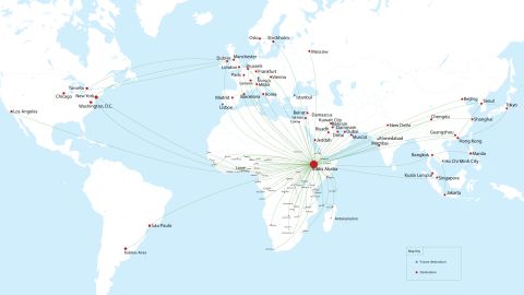 Ethiopian Airlines' flight network. <a href="https://www.ethiopianairlines.com/Cms_Data/Contents/EthiopianAirlines/Media/FlyEthiopian/Routenetwork/1920-x-1080-web-map-1218.jpg" target="_blank" target="blank">Expand this map.</a>