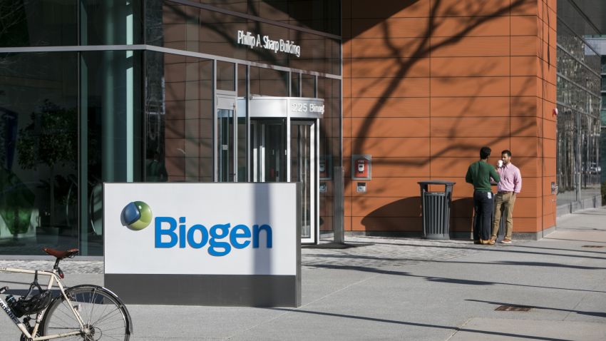 A logo sign outside of the headquarters of Biogen, Inc., in Cambridge, Massachusetts on February 21, 2018. (Photo by Kristoffer Tripplaar/Sipa USA)(Sipa via AP Images)
