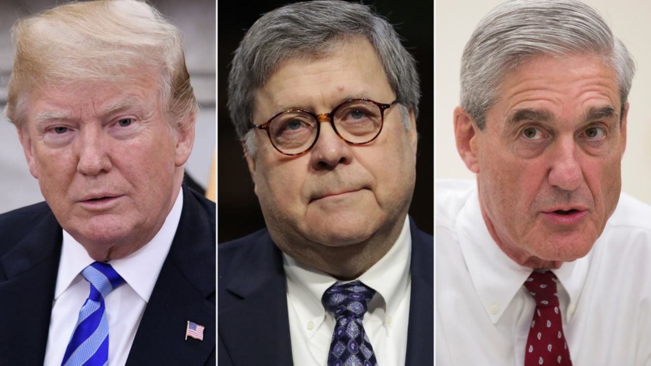 US President Donald Trump (L), Attorney General William Barr, and special counsel Robert Mueller (R)