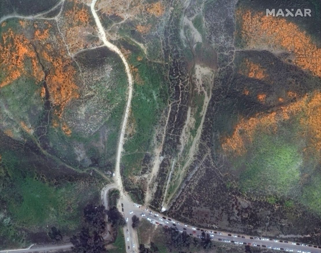 This shot by WorldView-2 satellite shows a long line of cars along the roads leading to the Walker Canyon trailhead.