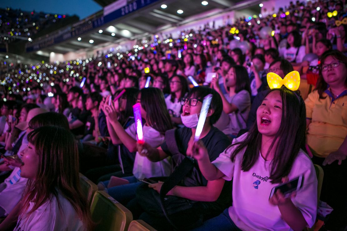 South Korean K-Pop fans cheer during a 2019 concernt in Suwon, South Korea.