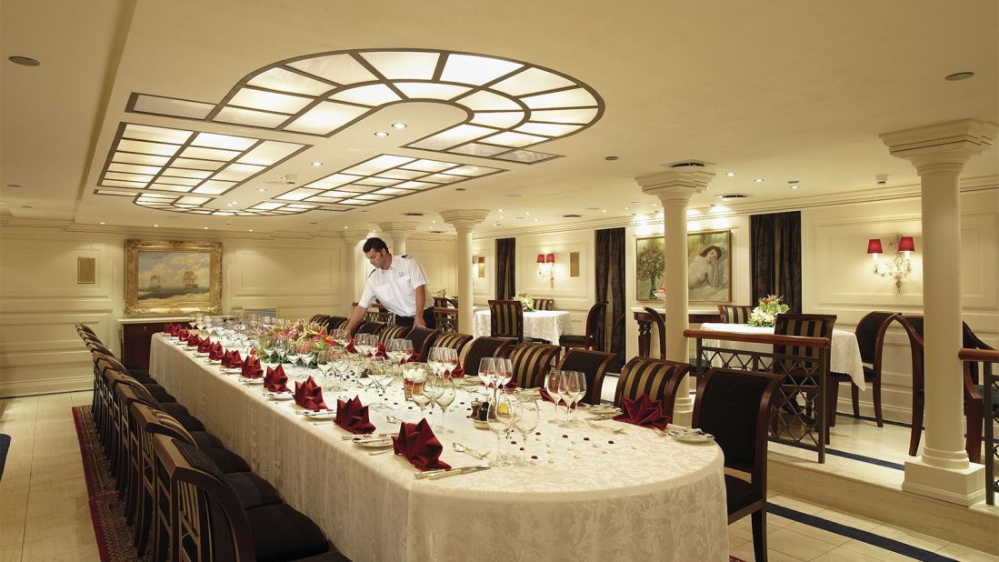<strong>Dining room: </strong>Now, guests able to afford the six-figure weekly charter fee can dine in the same room where the Onassises and celebrity guests such as Winston Churchill and Marilyn Monroe also ate.