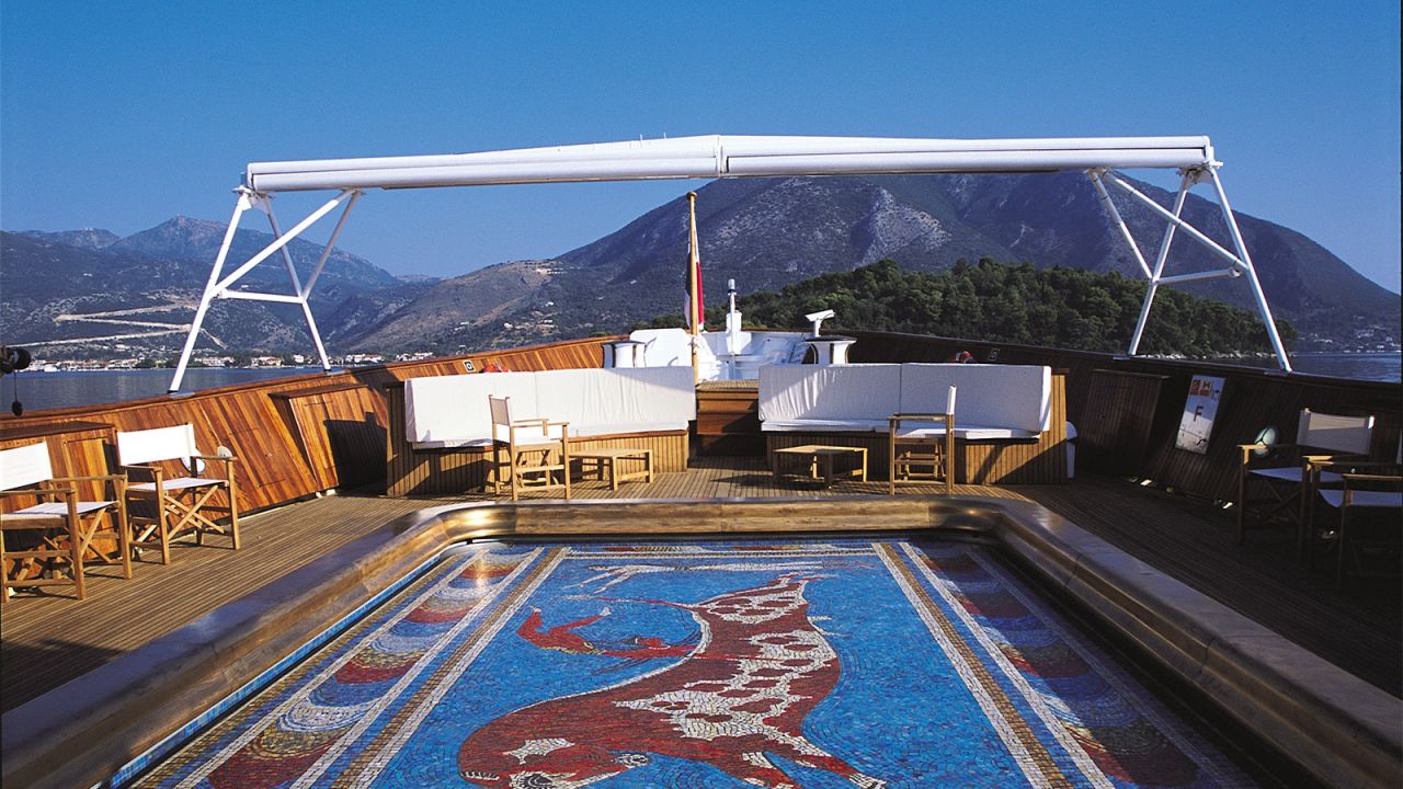 A tile mosaic adorns the bottom of the on-board pool.