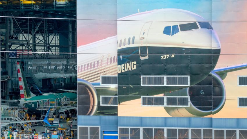RENTON, WA - MARCH 11: The Boeing 737-8 is pictured on a mural on the side of the Boeing Renton Factory on March 11, 2019 in Renton, Washington. Two of the aerospace company's newest model airliners have crashed in less than six months. (Photo by Stephen Brashear/Getty Images)