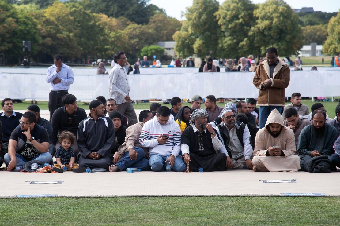 Members of the Muslim community gather for congregational Friday prayers and a two-minute observation of silence at Hagley Park.