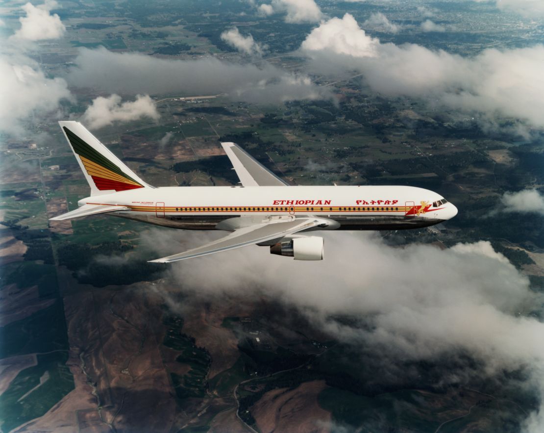A Boeing 767-200ER Ethiopian Airlines jet in flight, ca. 1980s.