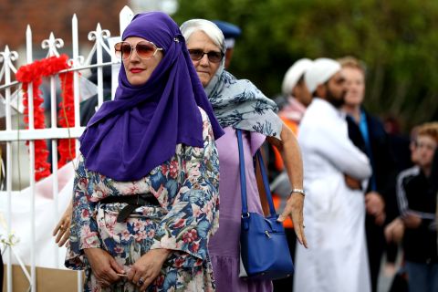 People gather at the Ponsonby Masjid Mosque during an open service to all religions Friday in Auckland, New Zealand.
