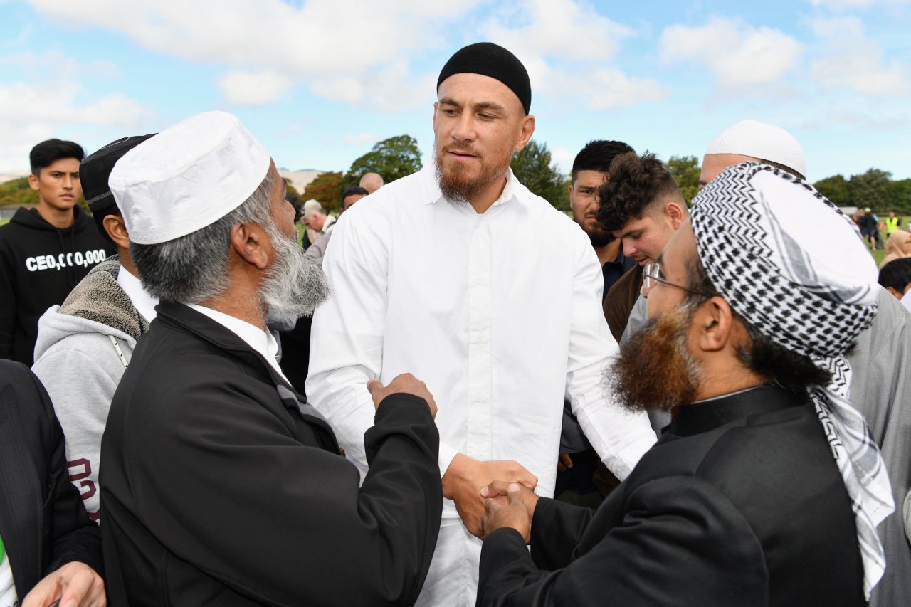 New Zealand All Blacks rugby player Sonny Bill Williams greets members of the Muslim community after attending Friday prayers near Al Noor mosque in Christchurch, New Zealand.