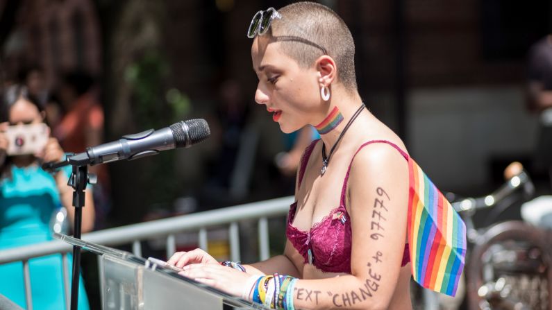 <strong>Fighting for more than pride. </strong>Parkland High School shooting survivor and anti-gun violence activist Emma Gonzalez spoke at the 2018 New York City Pride March. 