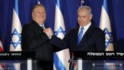U.S. Secretary of State Mike Pompeo, left, shakes hands with Israeli Prime Minister Benjamin Netanyahu, during their visit to Netanyahu's official residence in Jerusalem, Thursday March 21, 2019. Netanyahu has praised U.S. President Donald Trump's recognition of its control over the Golan Heights as a holiday "miracle."  (Amir Cohen/Pool via AP)