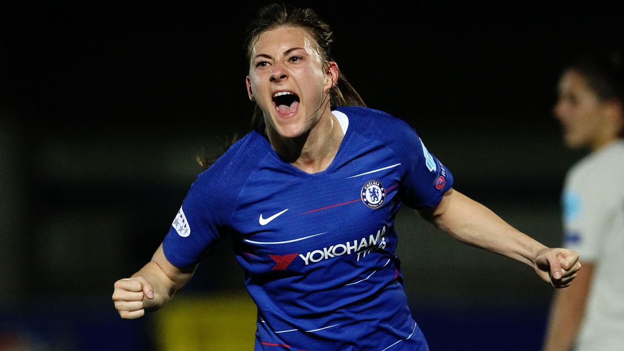 Hannah Blundell celebrates scoring for Chelsea Women.