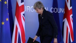 British Prime Minister Theresa May leaves a press conference on March 22, 2019, on the first day of an EU summit focused on Brexit, in Brussels. - European Union leaders meet in Brussels on March 21 and 22, for the last EU summit before Britain's scheduled exit of the union. (Photo by Ludovic MARIN / AFP)        (Photo credit should read LUDOVIC MARIN/AFP/Getty Images)