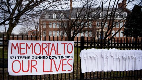 T-shirts representing teen victims of gun violence decorate a fence on February 14, 2019, at Bethesda-Chevy Chase High School in Bethesda, Maryland.
