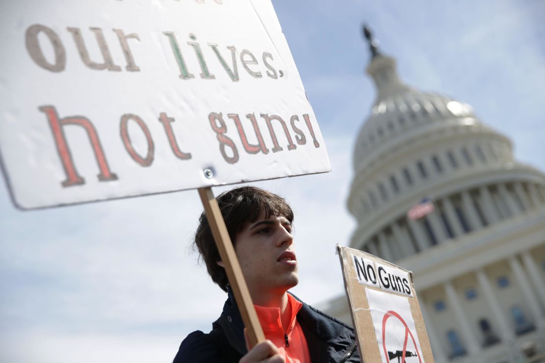 Maximilian Steubl of Churchill High School in Potomac, Maryland, participates in a gun control rally on March 14, 2019 on Capitol Hill in Washington.