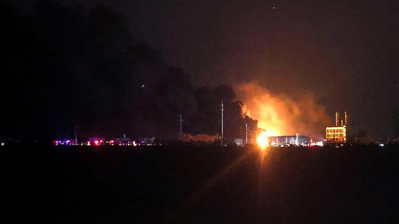 This photo taken on March 21, 2019 shows fire and smoke rising following an explosion at a chemical plant in Yancheng in China's eastern Jiangsu province.