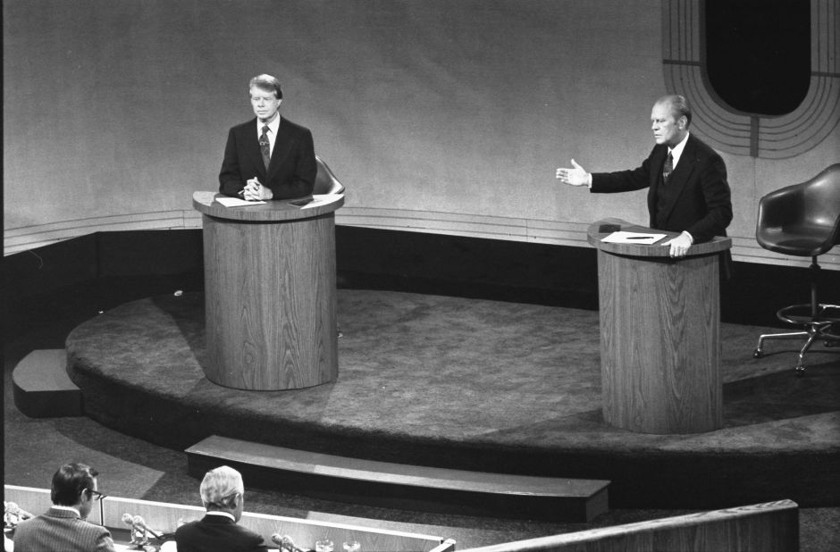 Carter and US President Gerald Ford debate domestic policy at the Walnut Street Theater in Philadelphia in September 1976. It was the first of three Ford-Carter presidential debates.