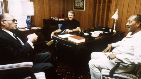 Egyptian President Anwar Sadat, right, listens to Israeli Prime Minister Menachem Begin on September 6, 1978, at the Camp David presidential retreat in Maryland. With Carter's help, terms of a peace accord were negotiated at Camp David. A formal treaty was signed in Washington on March 26, 1979, ending 31 years of war between Egypt and Israel. It was one of the highlights of Carter's presidency.