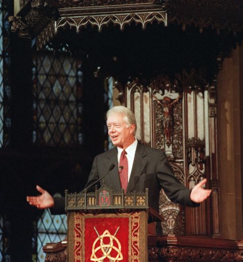 Carter addresses a United Nations interfaith service at New York's Trinity Church in September 1991. His speech was entitled "The Present Role of the United Nations in a Changing World."