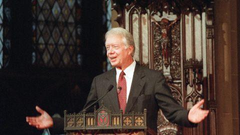 Carter addresses a United Nations interfaith service at New York's Trinity Church in September 1991. His speech was entitled 