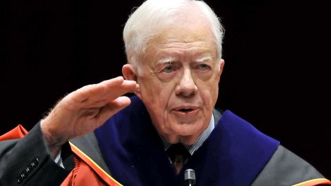 Carter delivers a speech in Seoul, South Korea, after receiving an honorary doctorate degree from Korea University in March 2010. During a four-day visit to South Korea, Carter urged direct talks with North Korea, saying a failure to negotiate nuclear disarmament might lead to a 